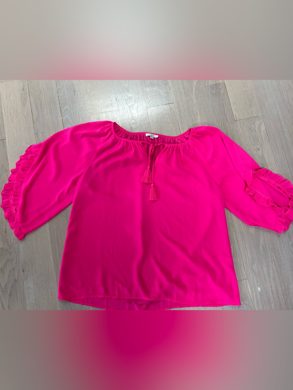 Jade XL pink blouse, tassel tie and silt ruffle sleeves